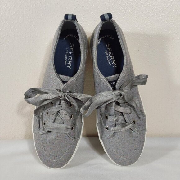 Sperry Crest Vibe Silver Sparkle Ribbon Topsider Sneaker - Excellent Cond - 3.5 - Picture 8 of 11